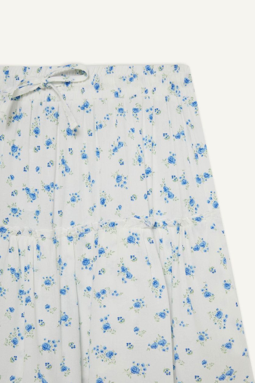 Kadın Mavi Çiçek Desenli Yüksek Bel Penye Astar Krinkıl Viskon Mini Etek