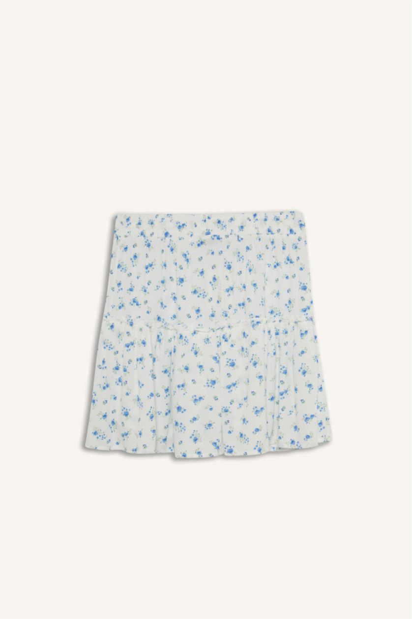 Kadın Mavi Çiçek Desenli Yüksek Bel Penye Astar Krinkıl Viskon Mini Etek