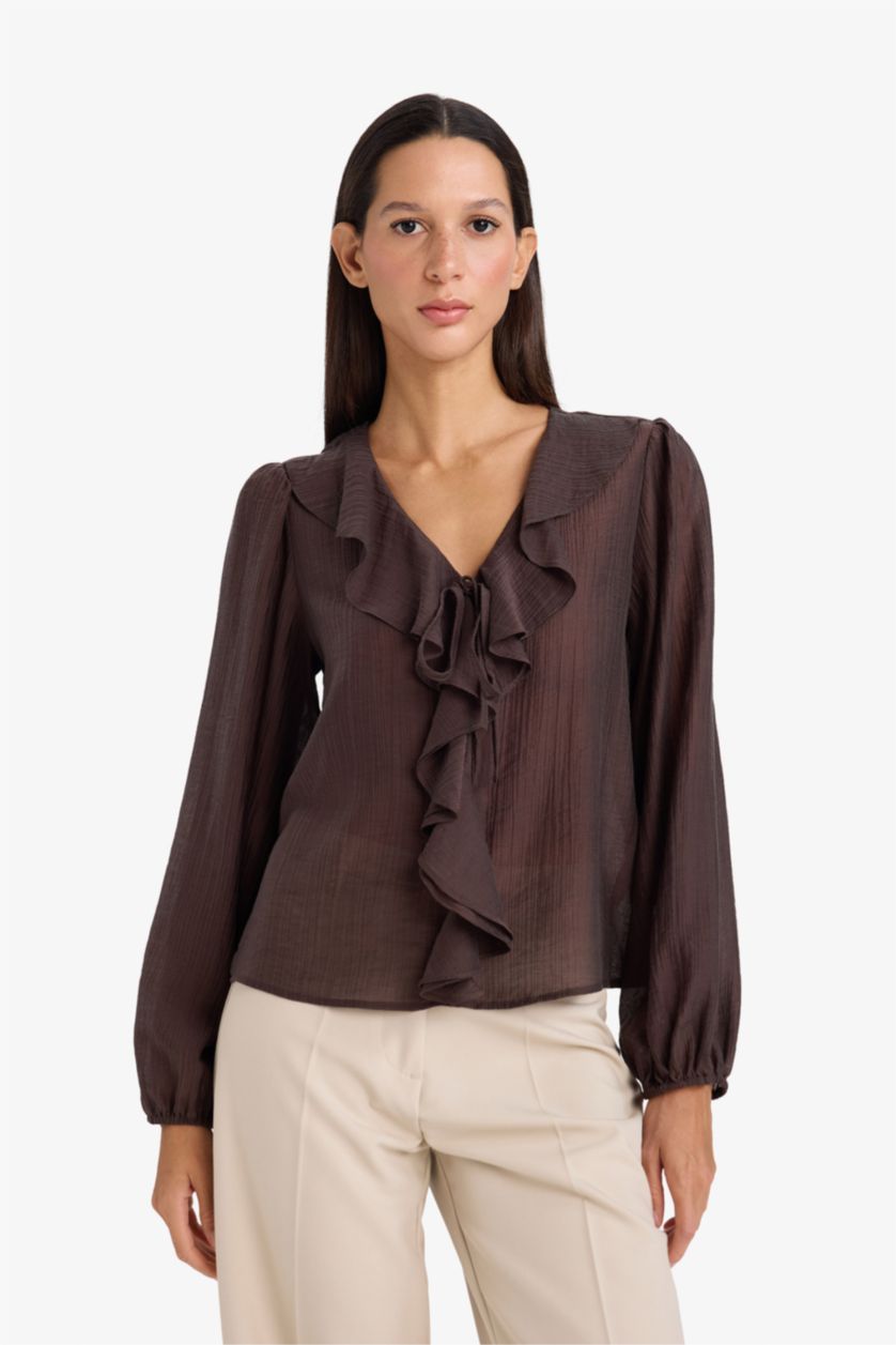 حريمي بني بلوزة كم طويل من قماش مجعد قصة عادية بياقة V