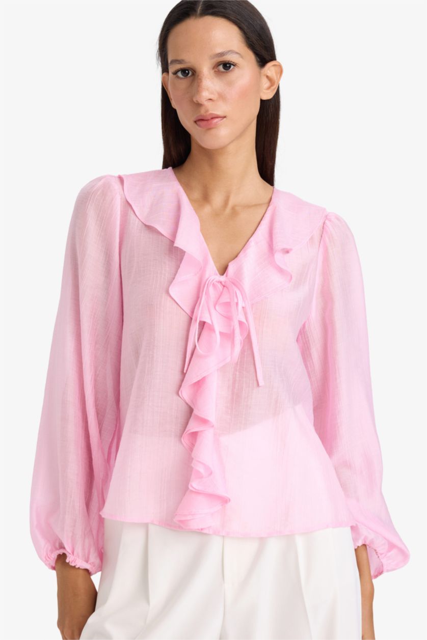 WOMAN Light Pink Regular Fit V-Neck Long Sleeve Blouse