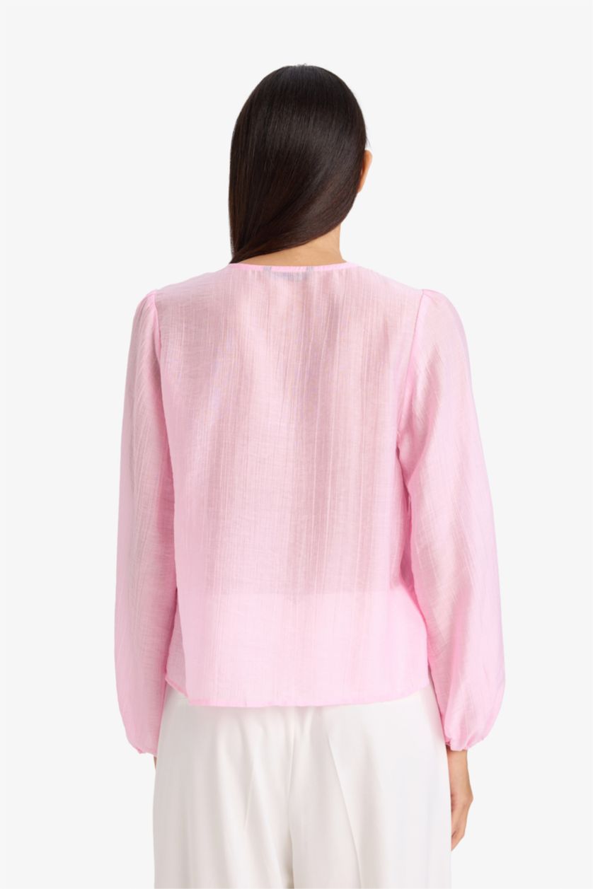 WOMAN Light Pink Regular Fit V-Neck Long Sleeve Blouse