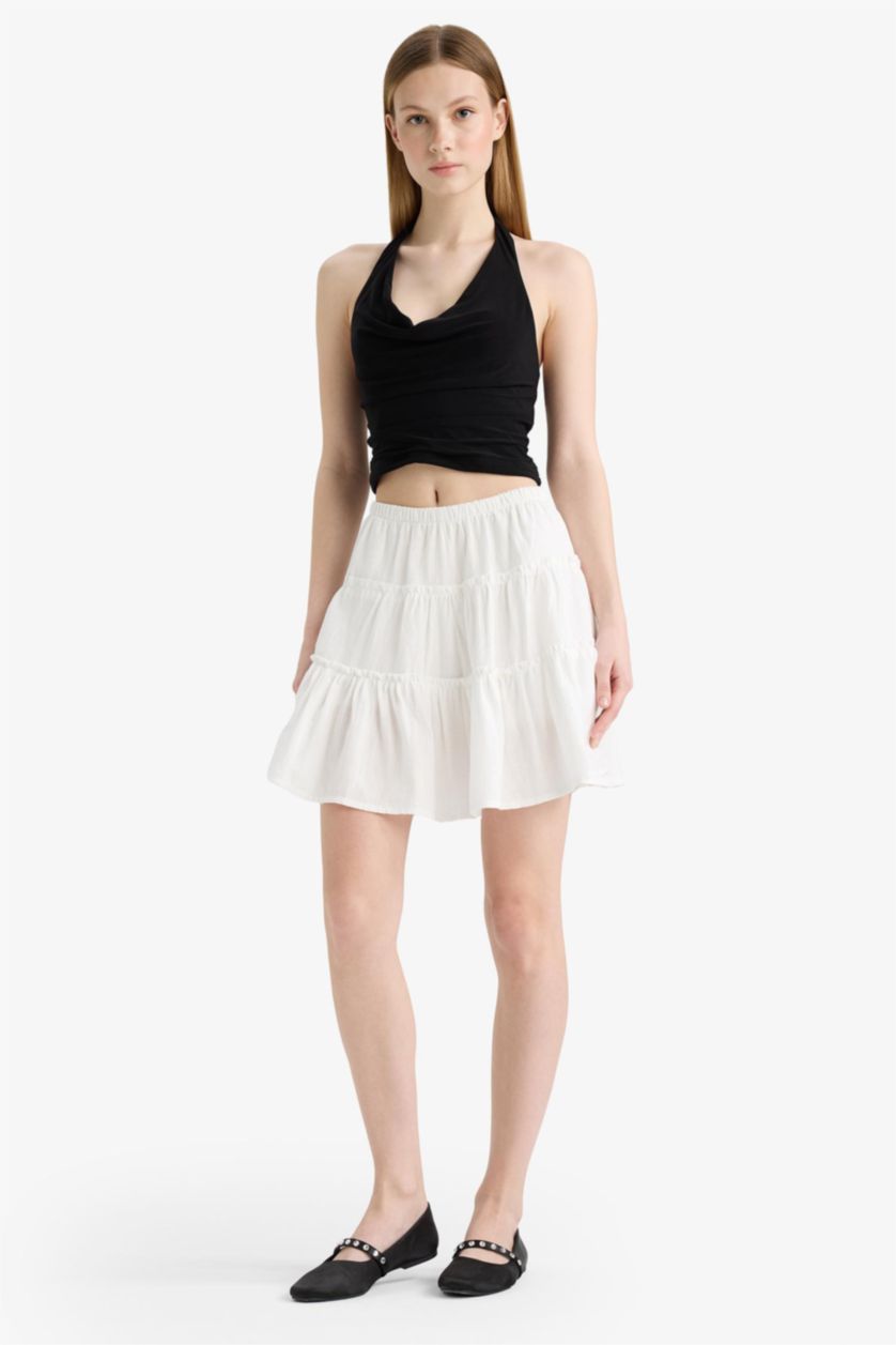 Kadın Ekru Yüksek Bel Penye Astar Keten Görünümlü Mini Etek