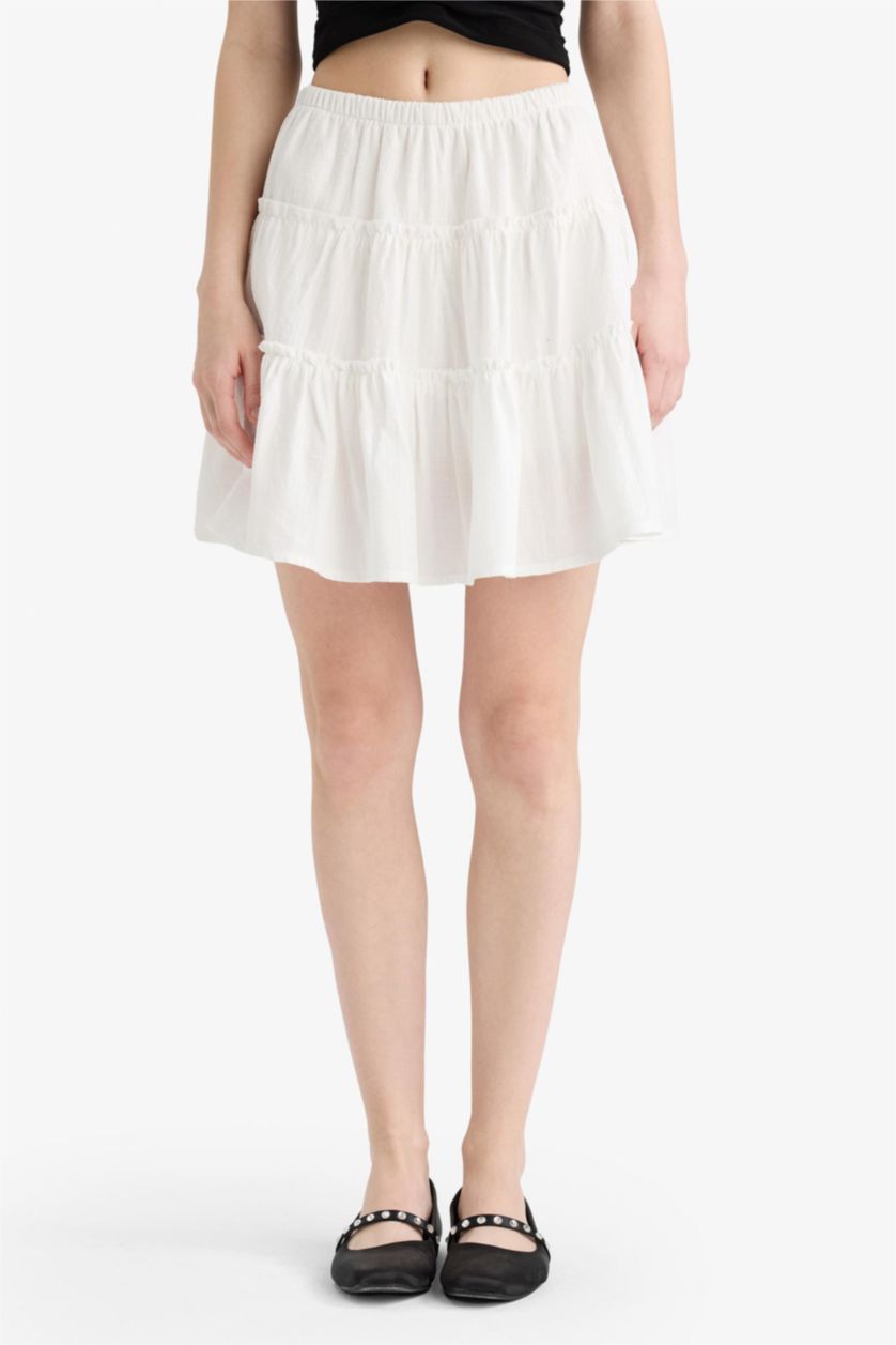 Kadın Ekru Yüksek Bel Penye Astar Keten Görünümlü Mini Etek