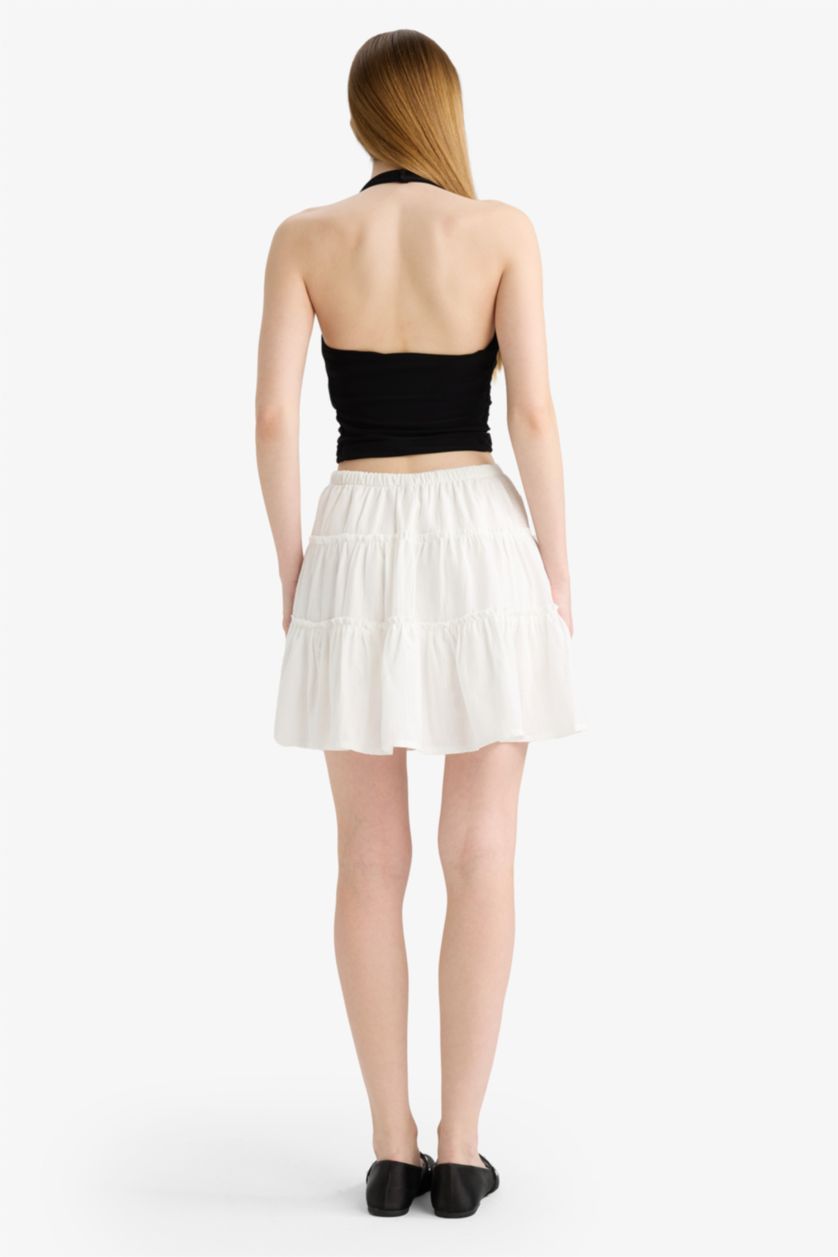 Kadın Ekru Yüksek Bel Penye Astar Keten Görünümlü Mini Etek