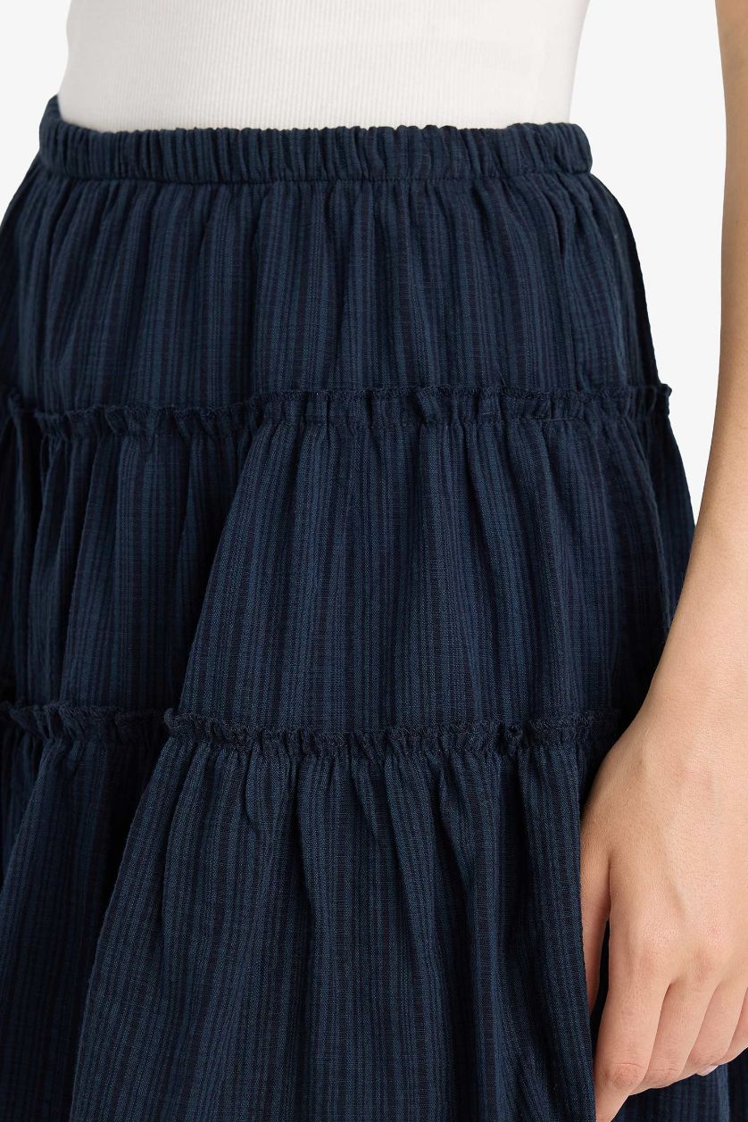 Kadın Lacivert Yüksek Bel Penye Astar Keten Görünümlü Mini Etek