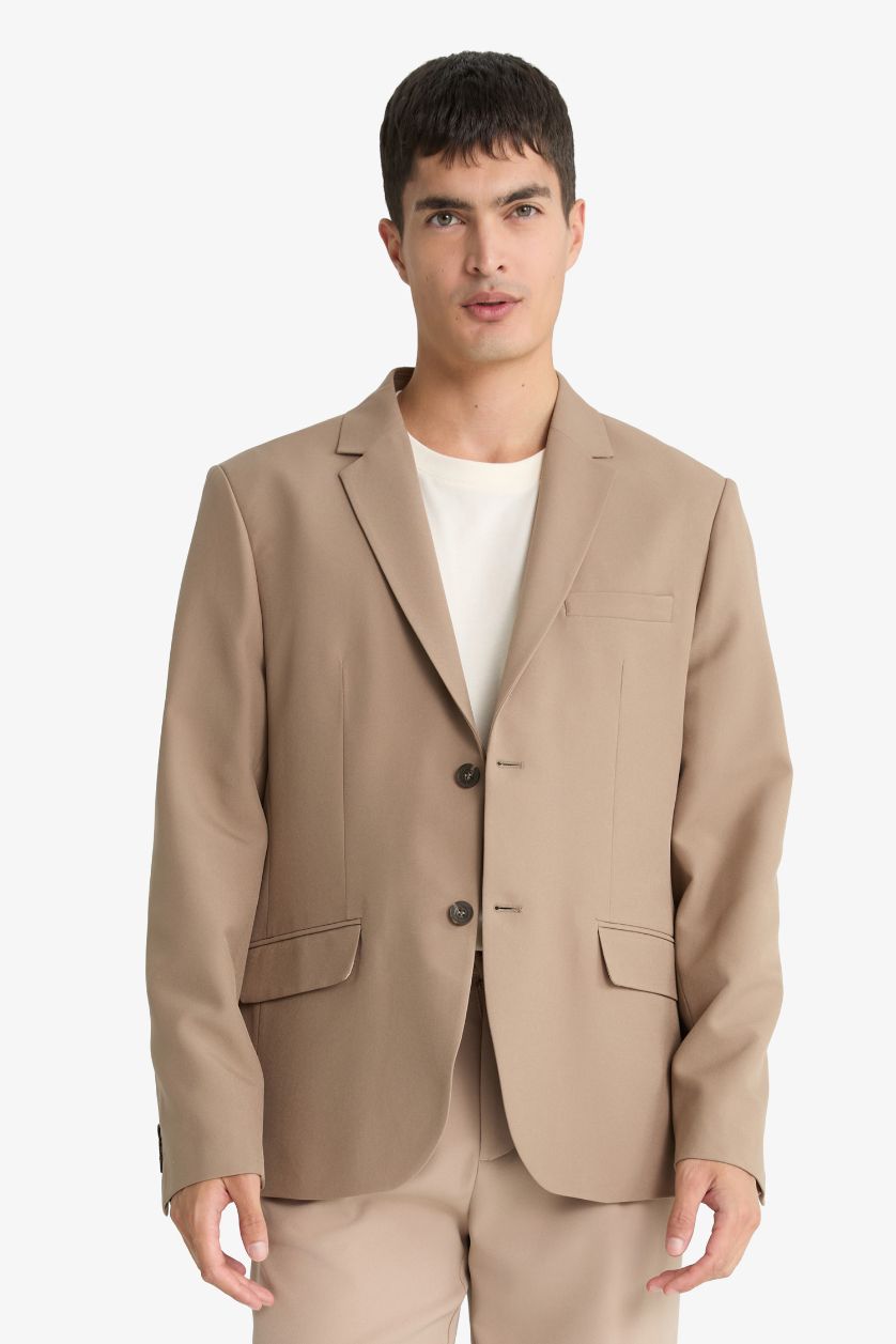 Erkek Vizon Slim Fit Dar Kesim Twill Düğmeli Blazer Ceket