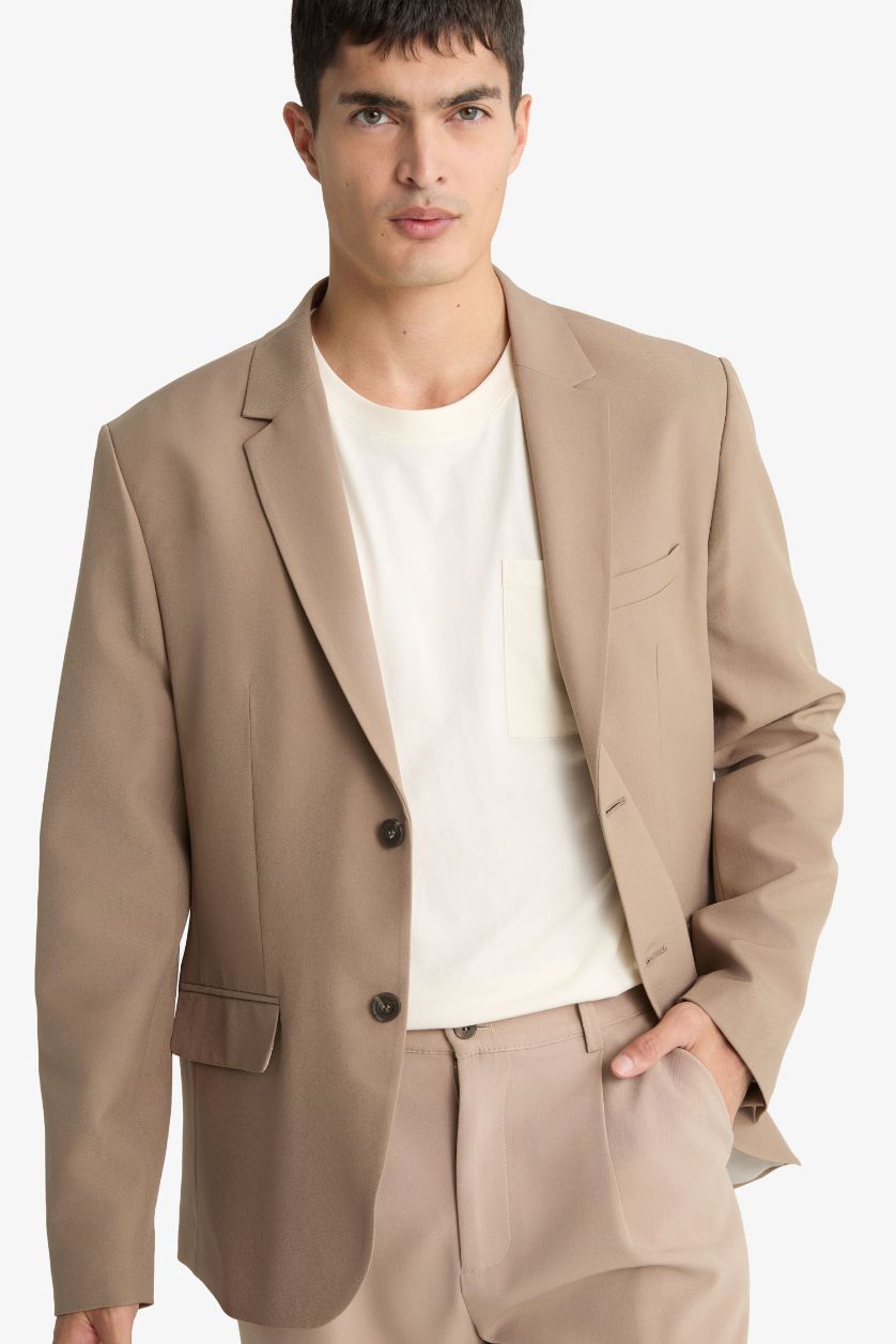 Erkek Vizon Slim Fit Dar Kesim Twill Düğmeli Blazer Ceket