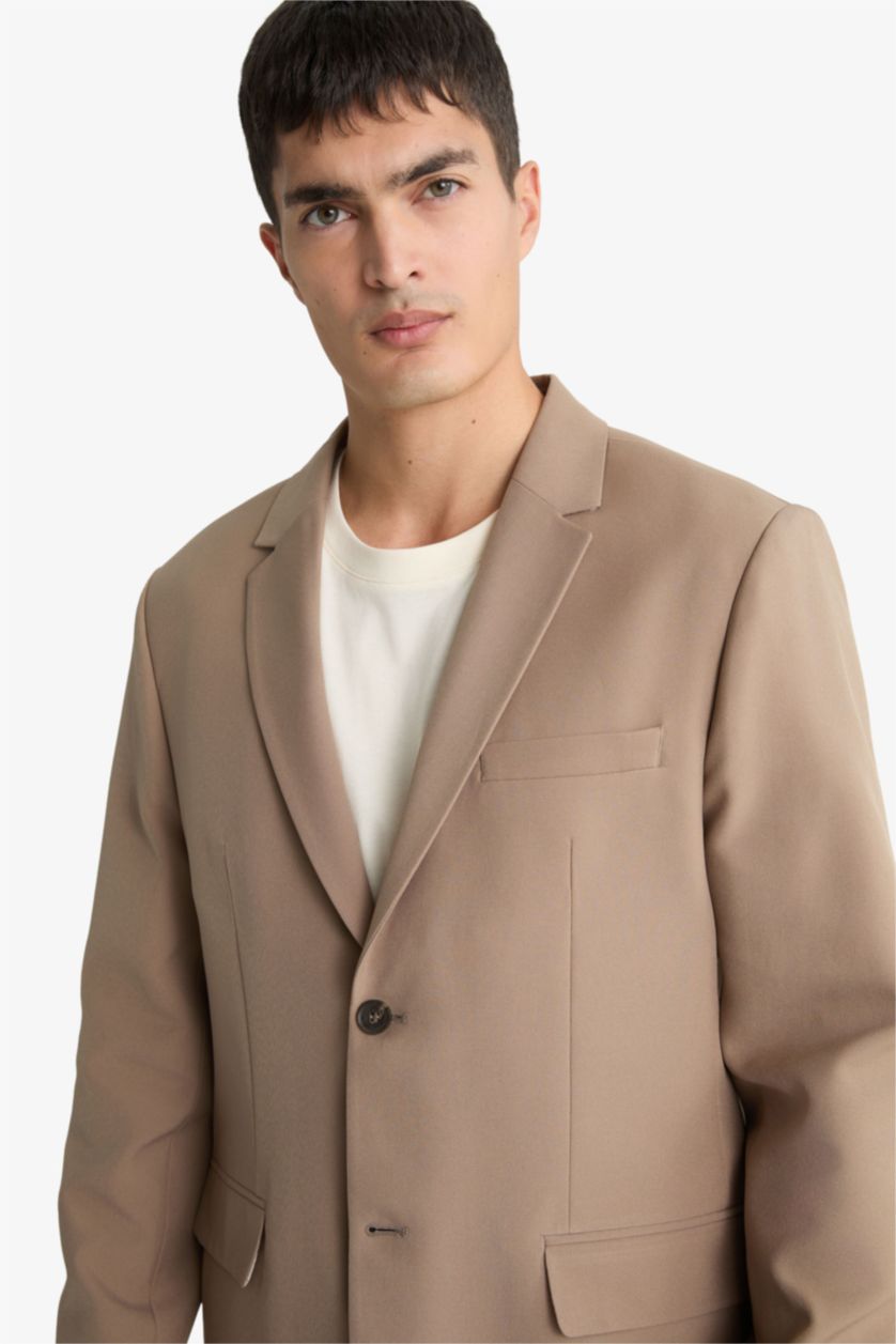 Erkek Vizon Slim Fit Dar Kesim Twill Düğmeli Blazer Ceket