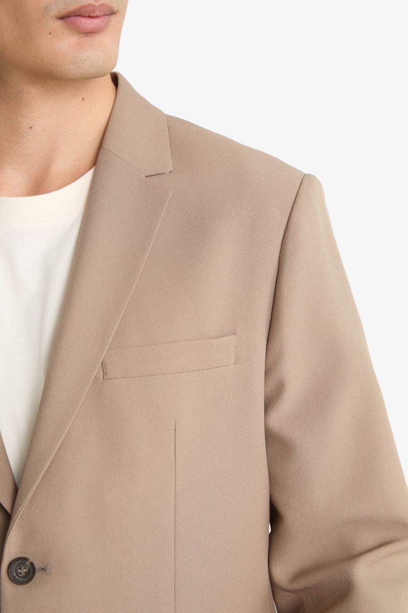 Erkek Vizon Slim Fit Dar Kesim Twill Düğmeli Blazer Ceket