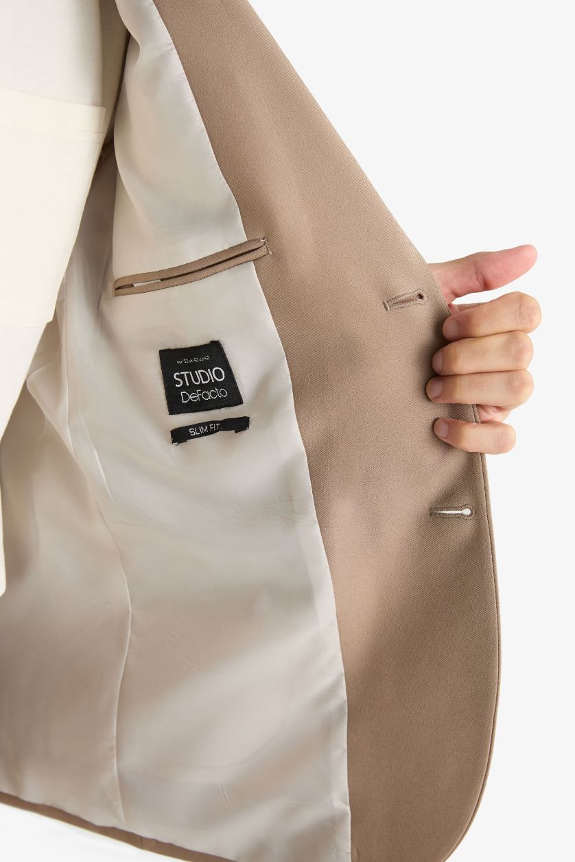 Erkek Vizon Slim Fit Dar Kesim Twill Düğmeli Blazer Ceket