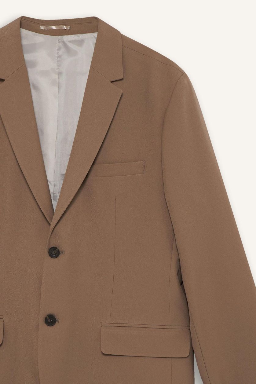 Erkek Vizon Slim Fit Dar Kesim Twill Düğmeli Blazer Ceket