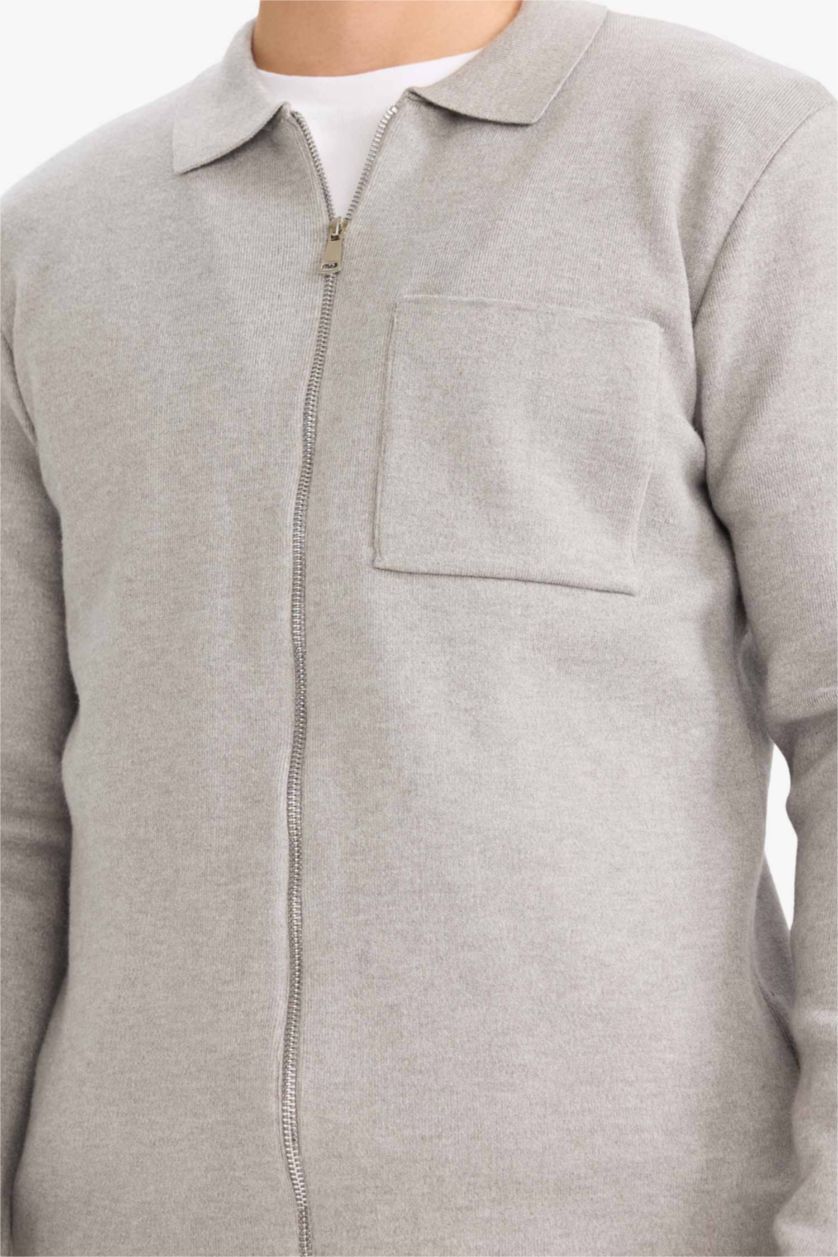 HOMME Gris Cardigan en tricot à col polo Coupe standard