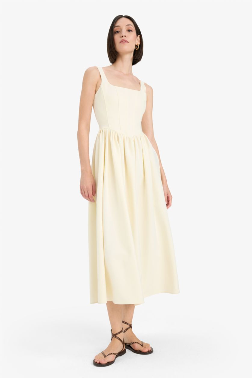 Kadın Açık Sarı Afra x DeFacto Kare Yaka Askılı Midi Elbise