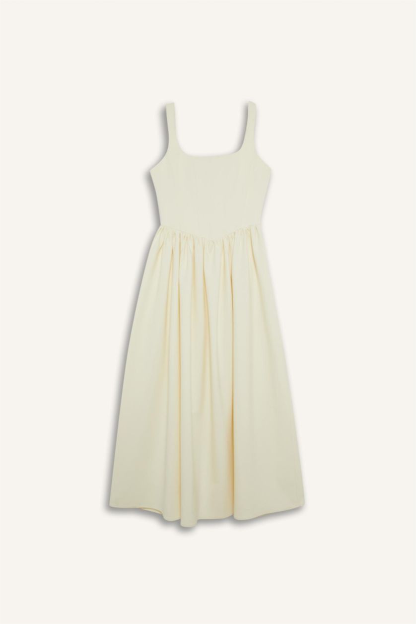 Kadın Açık Sarı Afra x DeFacto Kare Yaka Askılı Midi Elbise