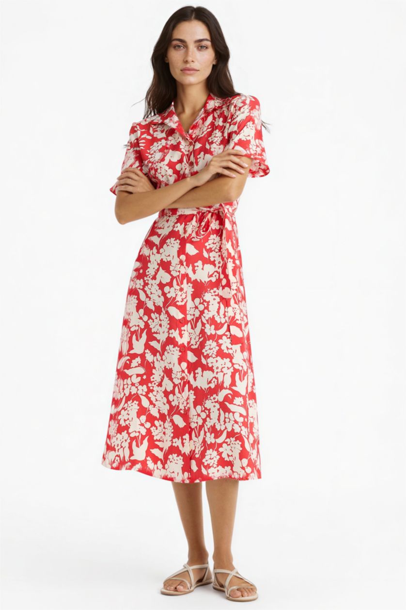 WOMAN Red Shirt Collar Floral modal Midi Dress