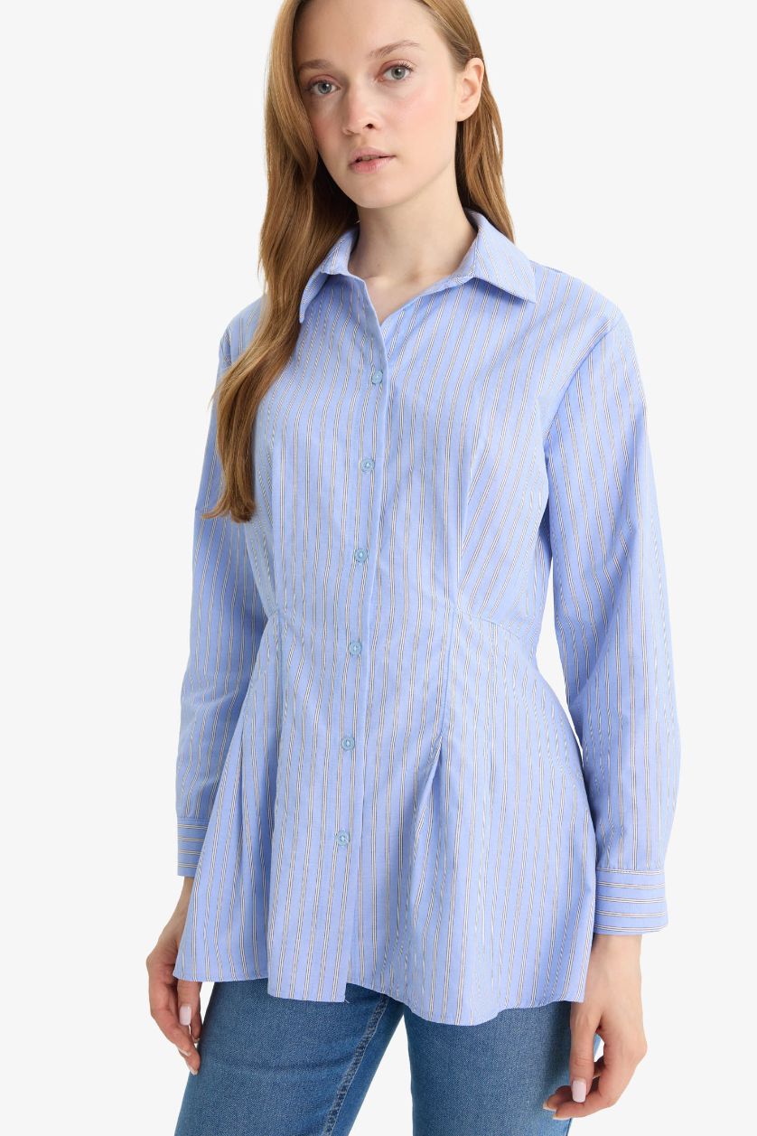 Kadın Açık Mavi Relax Fit Çizgili Poplin Uzun Kollu Gömlek Tunik