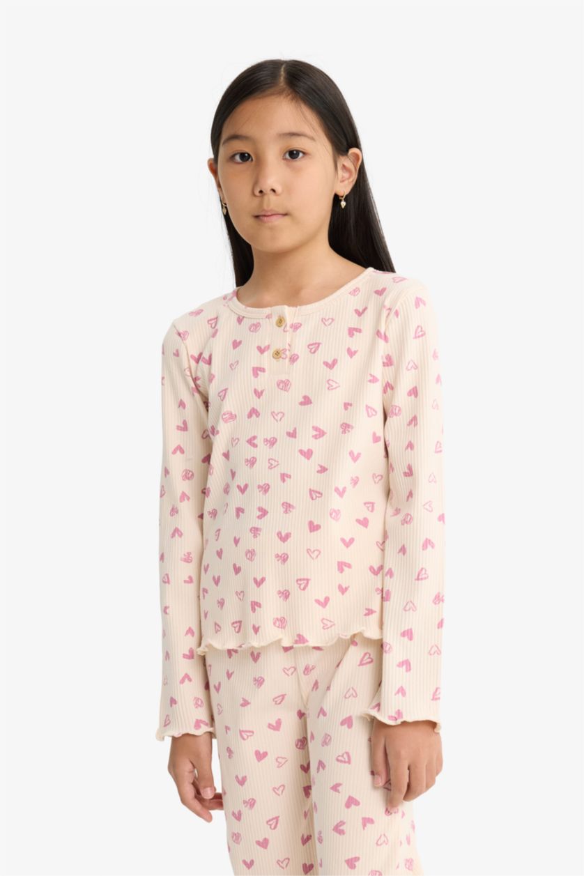 GIRLS & TEENS Light Pink Girl Ribbed Heart Patterned Top Bottom 2 Piece Pajama Set