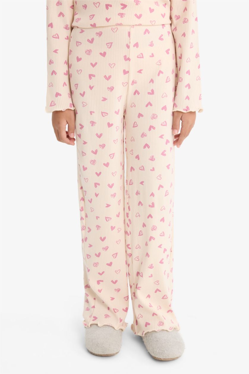 GIRLS & TEENS Light Pink Girl Ribbed Heart Patterned Top Bottom 2 Piece Pajama Set