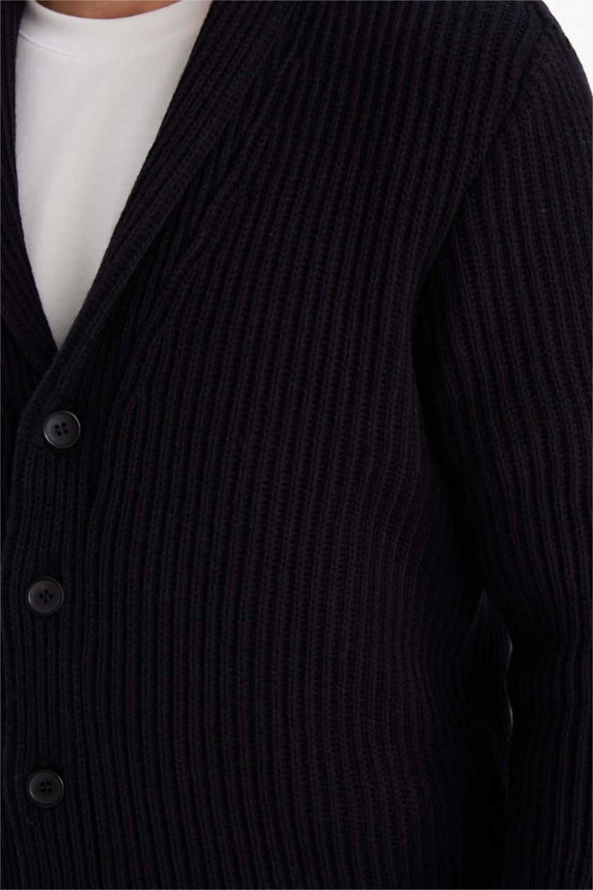 رجال كحلي سترة تريكو قصة عادية بياقة شال