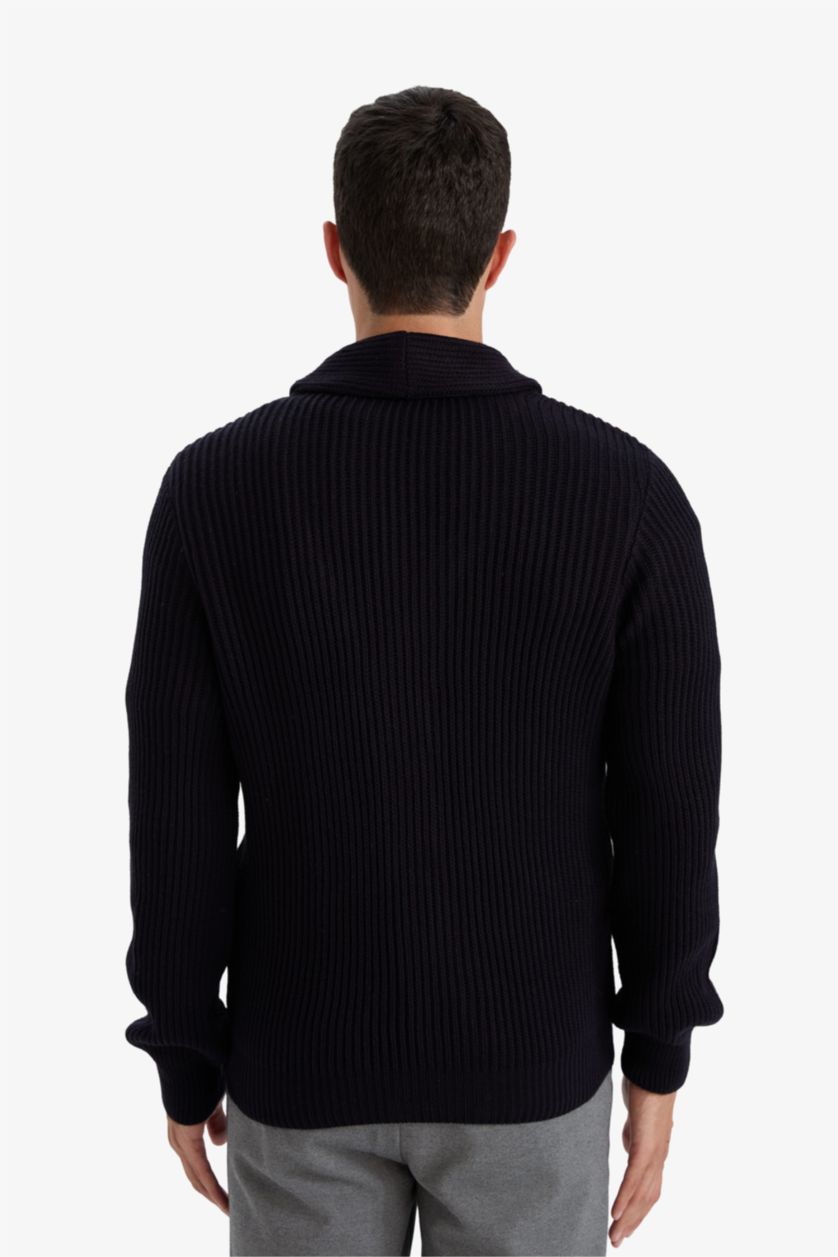 رجال كحلي سترة تريكو قصة عادية بياقة شال