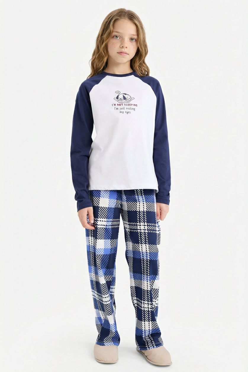 Kız Çocuk - Genç Kız Beyaz %100 Pamuklu Desenli Beli Lastikli Pijama Takımı Kız Çocuk