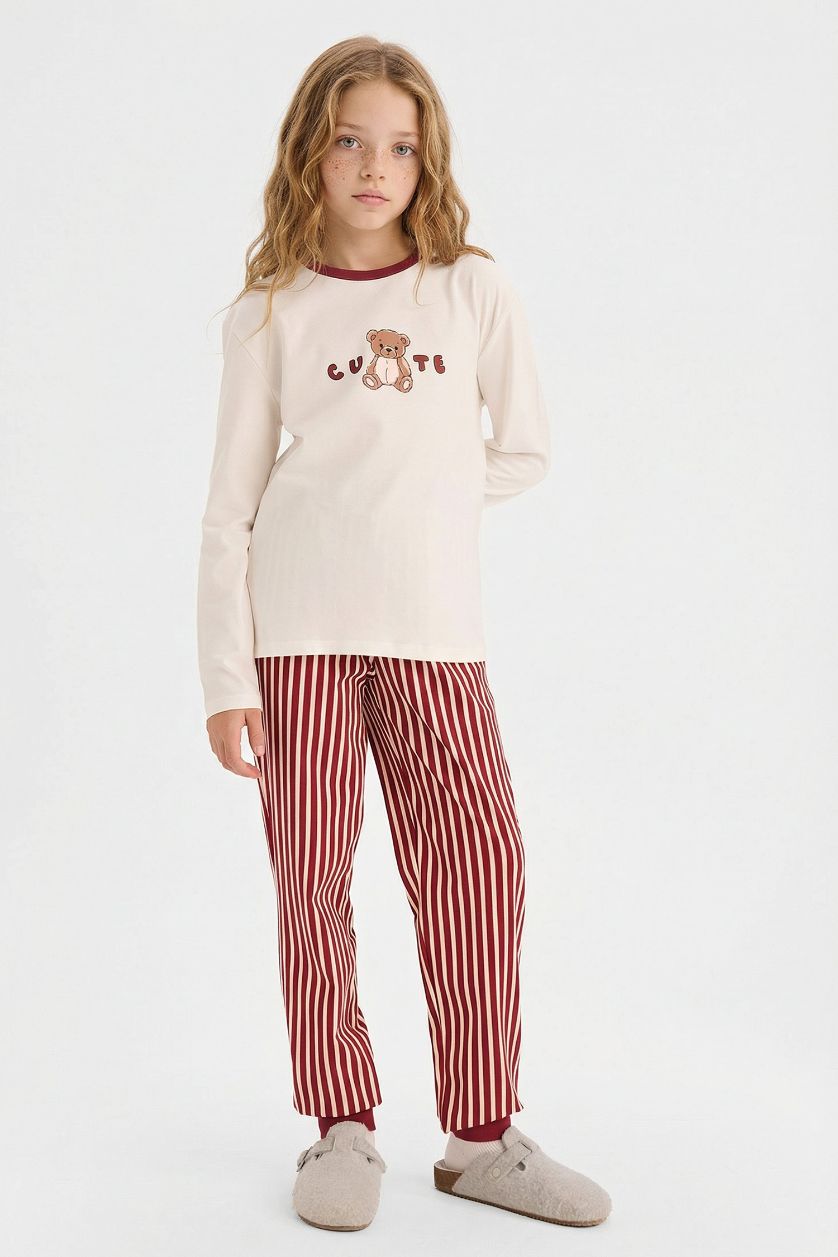 Kız Çocuk - Genç Kız Ekru %100 Pamuklu Ayıcık Baskılı Beli Lastikli Pijama Takımı Kız Çocuk