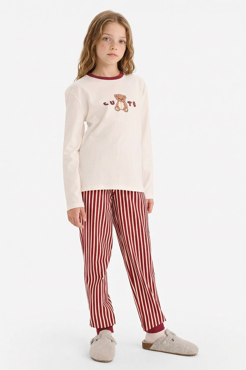 Kız Çocuk - Genç Kız Ekru %100 Pamuklu Ayıcık Baskılı Beli Lastikli Pijama Takımı Kız Çocuk