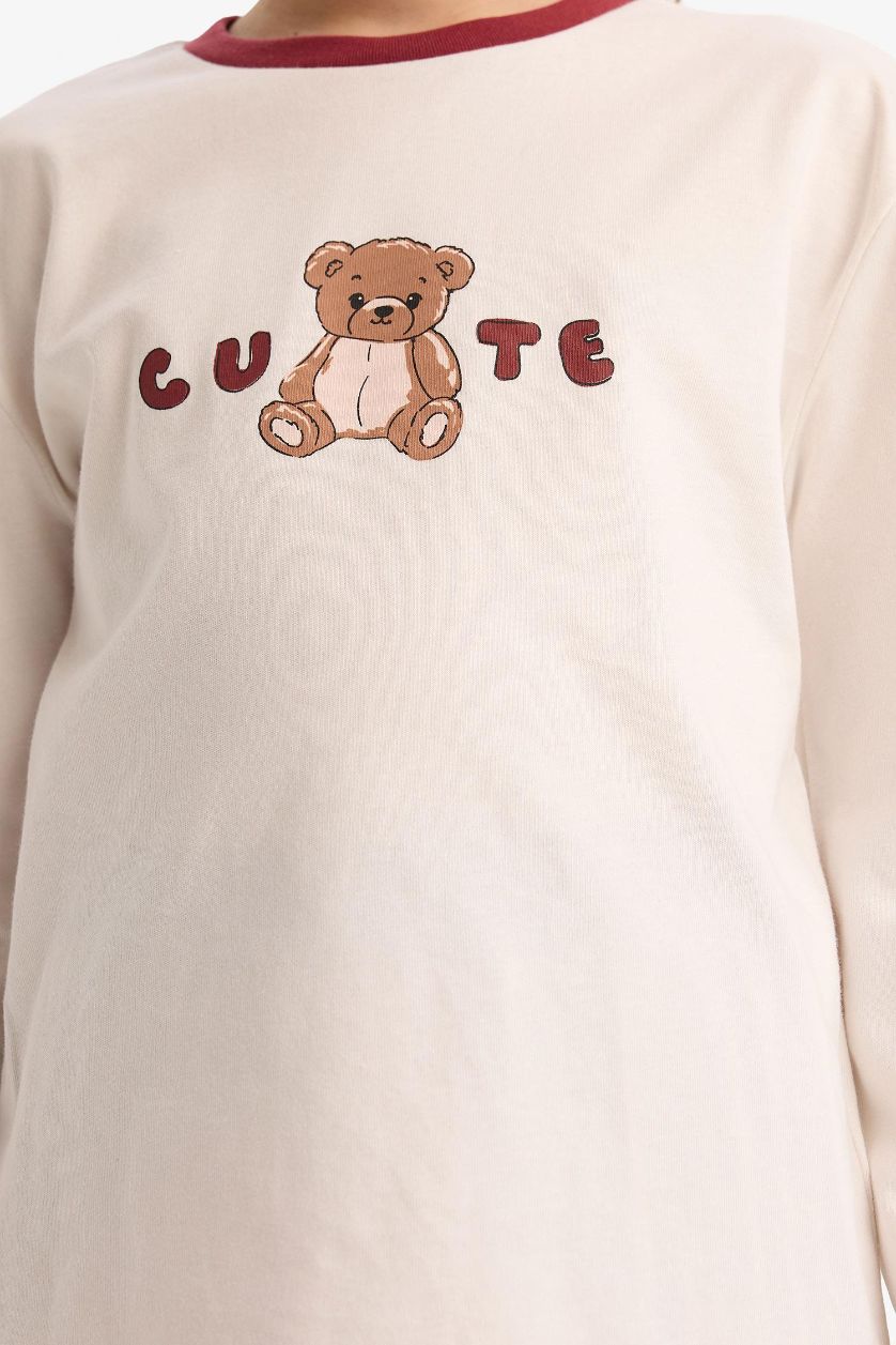 Kız Çocuk - Genç Kız Ekru %100 Pamuklu Ayıcık Baskılı Beli Lastikli Pijama Takımı Kız Çocuk
