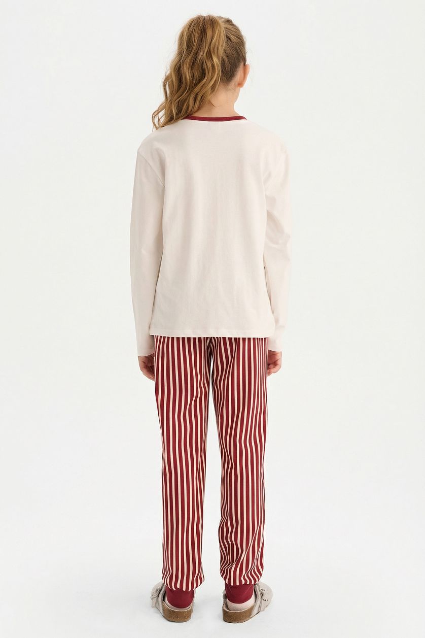 Kız Çocuk - Genç Kız Ekru %100 Pamuklu Ayıcık Baskılı Beli Lastikli Pijama Takımı Kız Çocuk