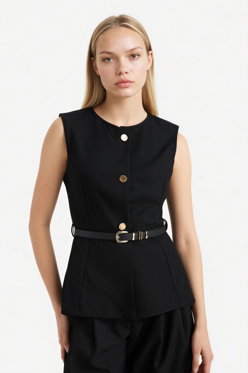 Kadın Siyah Fitted Düğmeli Yelek