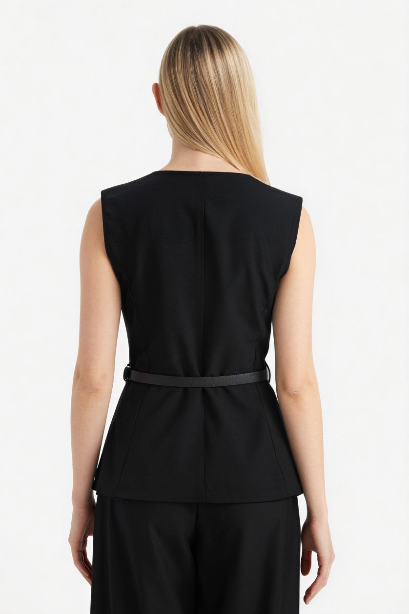 Kadın Siyah Fitted Düğmeli Yelek