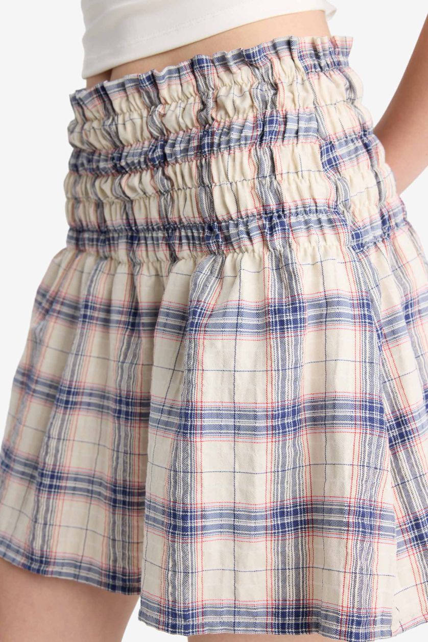 Kadın İndigo A Kesim Kareli Mini Etek