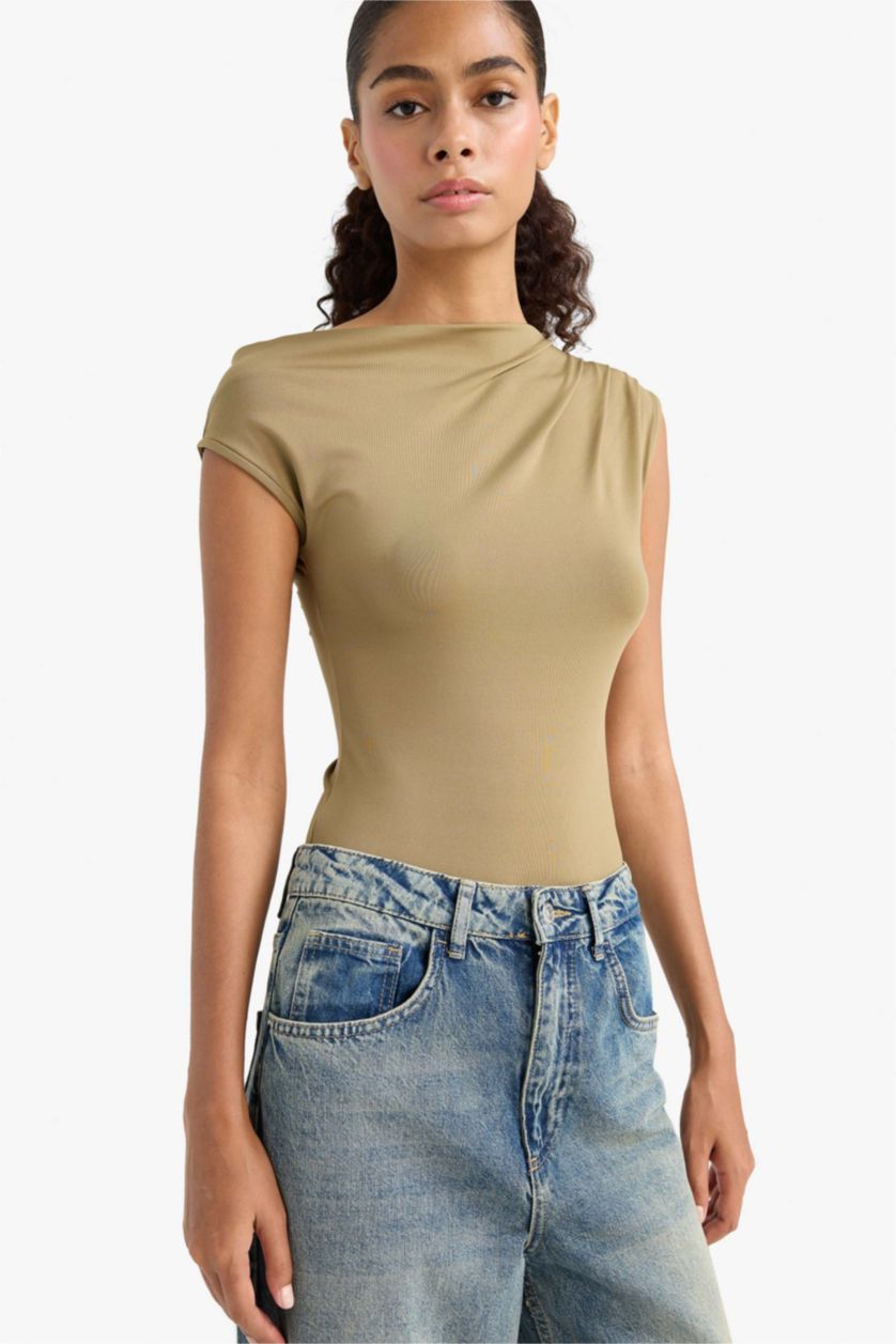 Kadın Haki Slim Fit Dar Kesim Asimetrik Çıtçıtlı Body