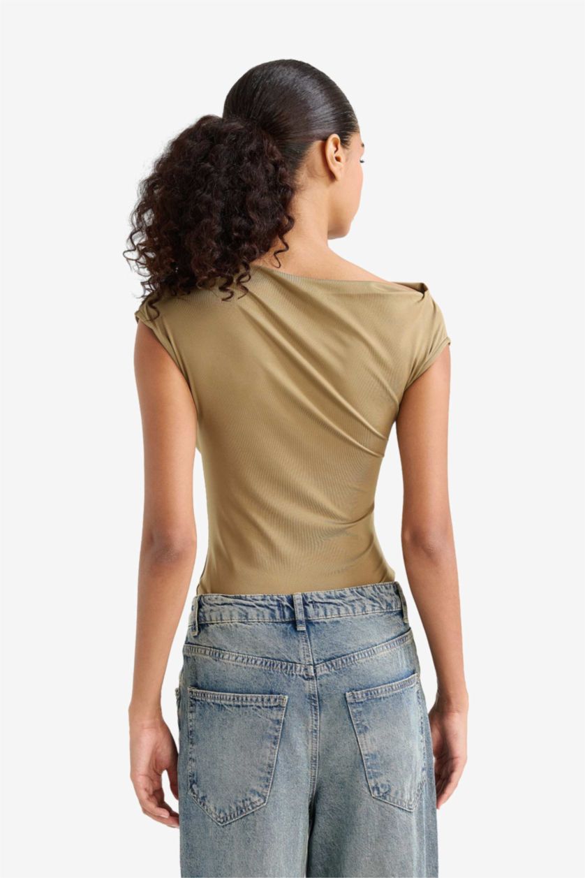 Kadın Haki Slim Fit Dar Kesim Asimetrik Çıtçıtlı Body