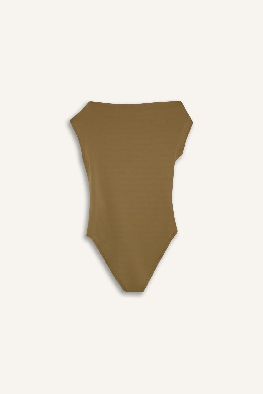 Kadın Haki Slim Fit Dar Kesim Asimetrik Çıtçıtlı Body