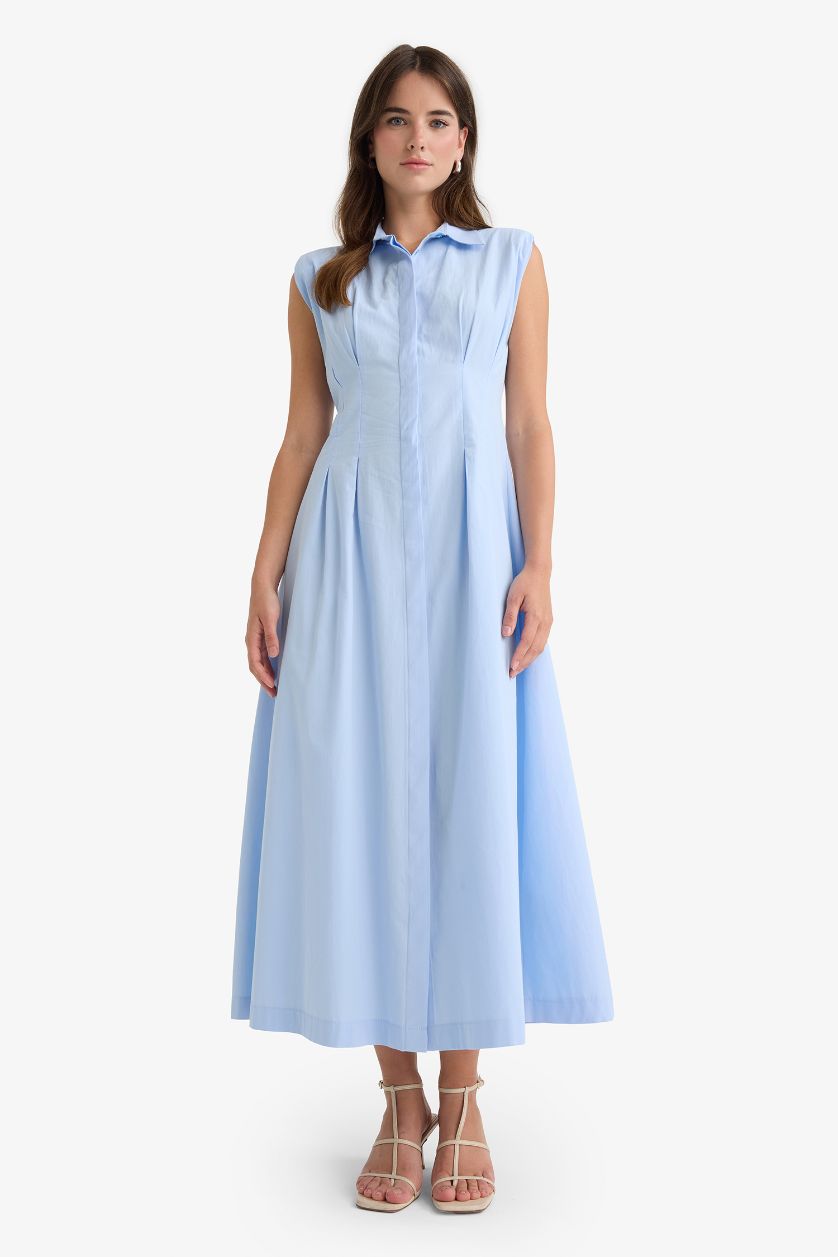 Woman Light Blue Flare Poplin Sleeveless Dress