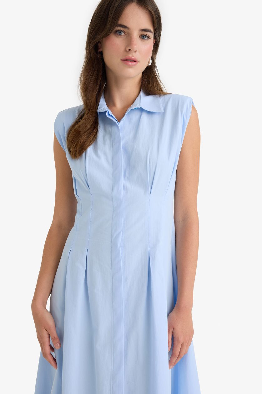 Woman Light Blue Flare Poplin Sleeveless Dress