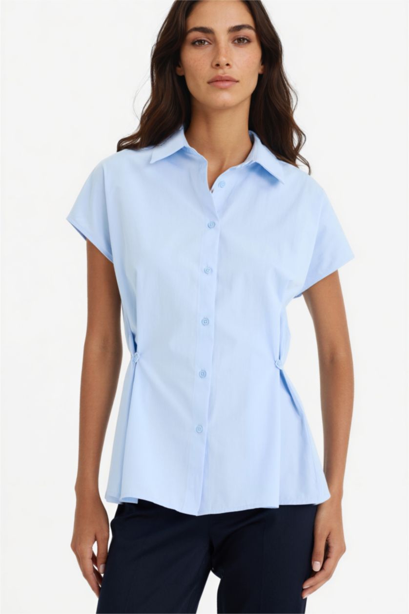 نساء أزرق فاتح قميص بدون كم بوبلين سليم فيت بياقة قميص