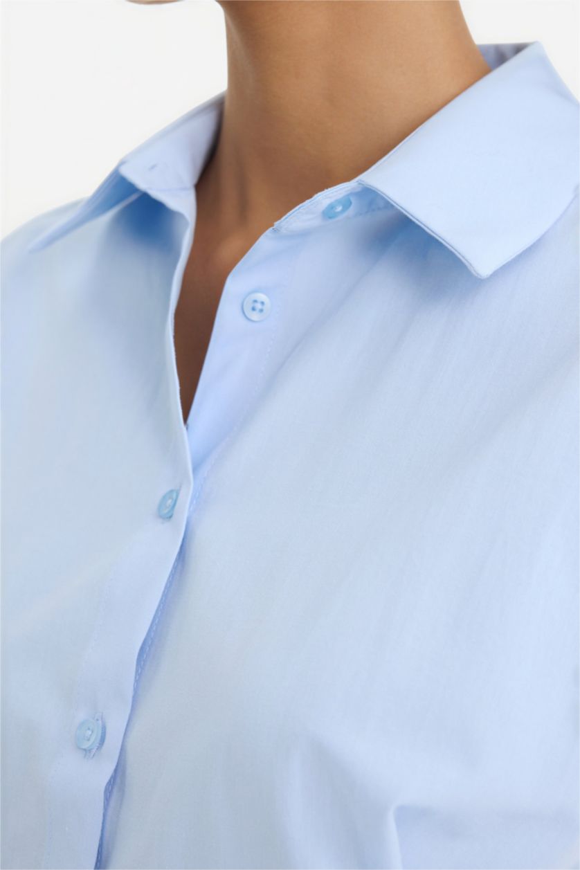 نساء أزرق فاتح قميص بدون كم بوبلين سليم فيت بياقة قميص