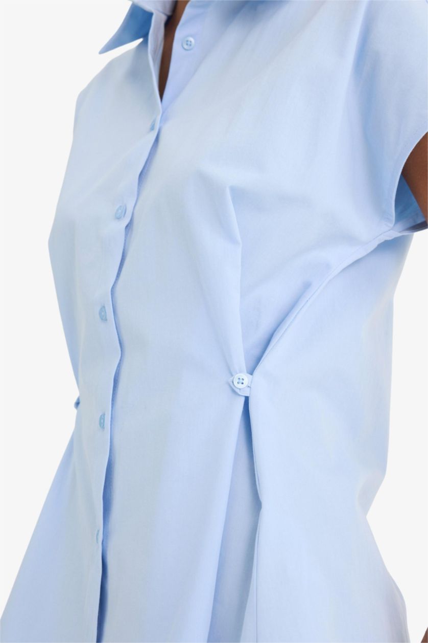 نساء أزرق فاتح قميص بدون كم بوبلين سليم فيت بياقة قميص