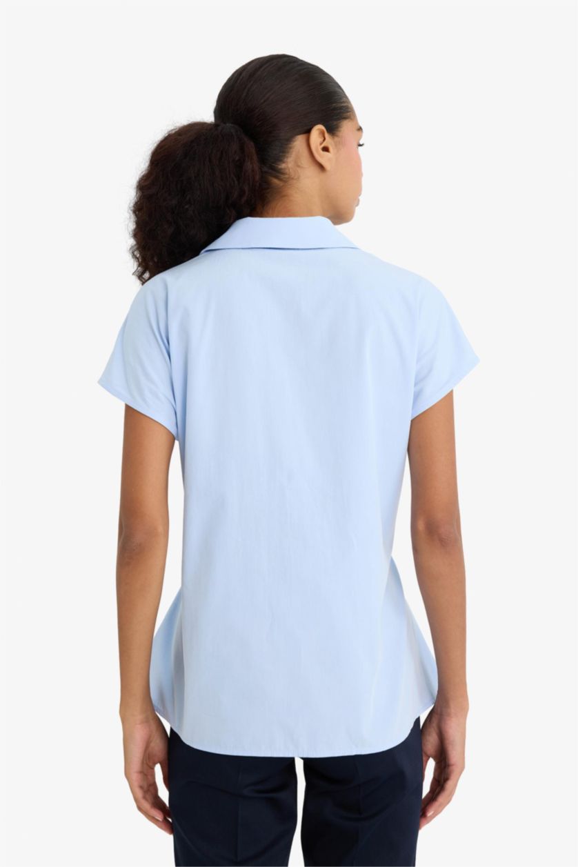 نساء أزرق فاتح قميص بدون كم بوبلين سليم فيت بياقة قميص