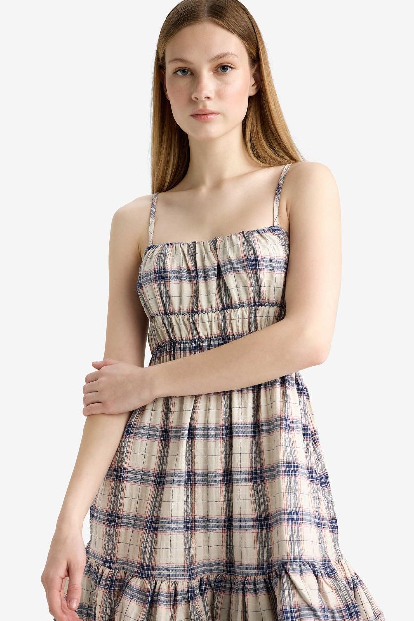 Kadın İndigo Kareli Askılı Mini Elbise