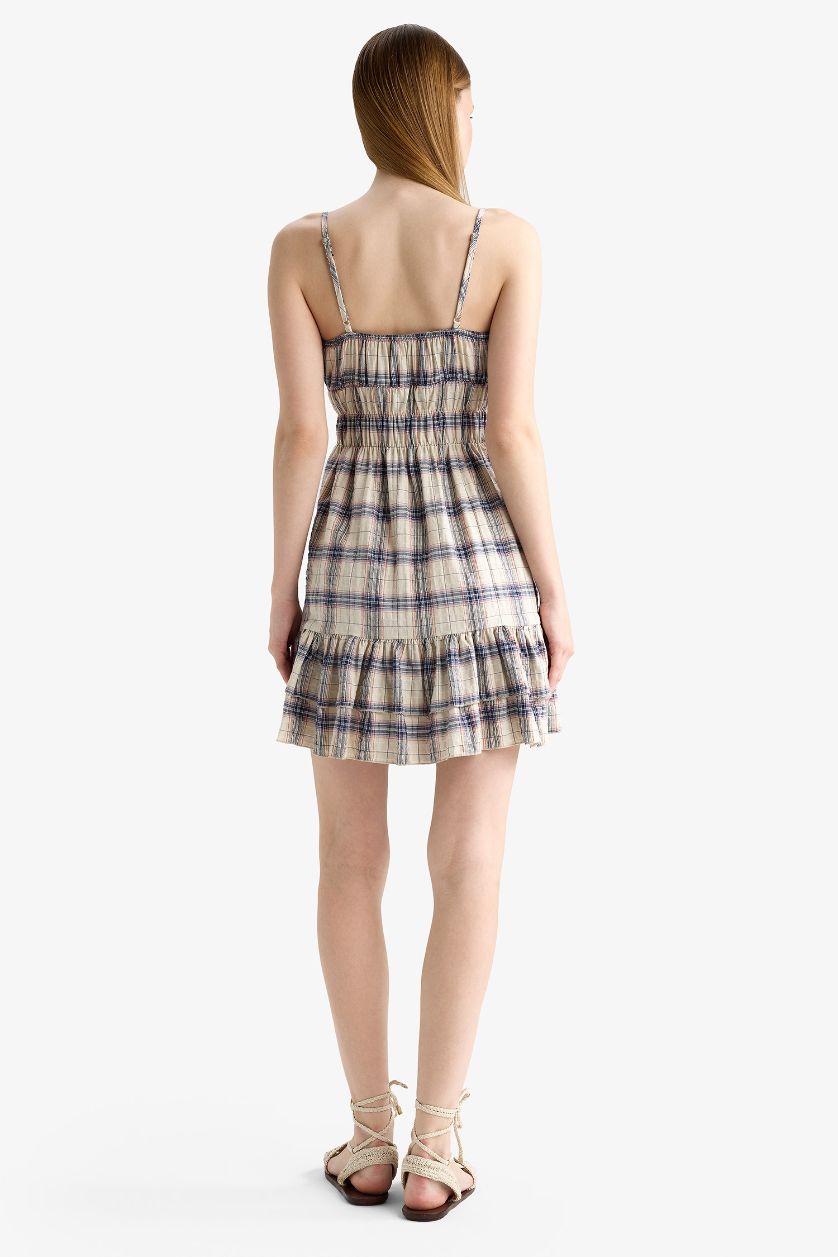 Kadın İndigo Kareli Askılı Mini Elbise