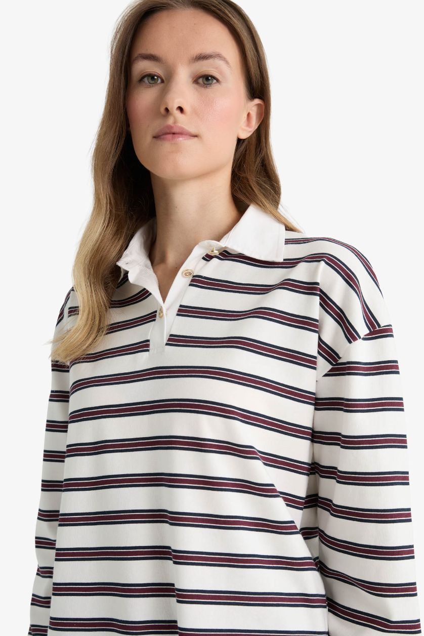 Woman Bordeaux Regular Fit Polo Neck Striped Tunic