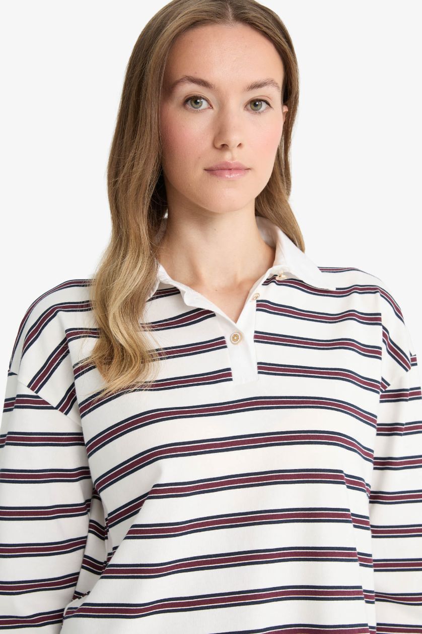 Woman Bordeaux Regular Fit Polo Neck Striped Tunic