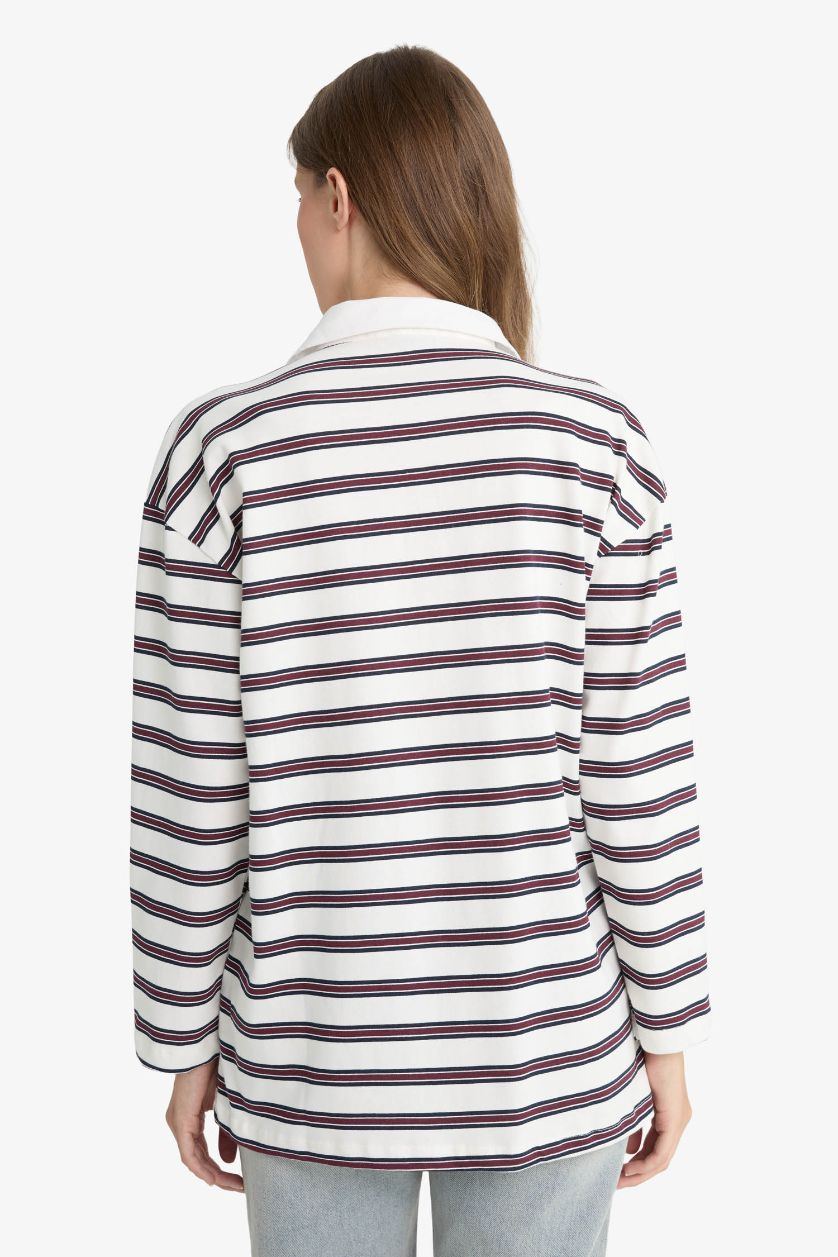 Woman Bordeaux Regular Fit Polo Neck Striped Tunic