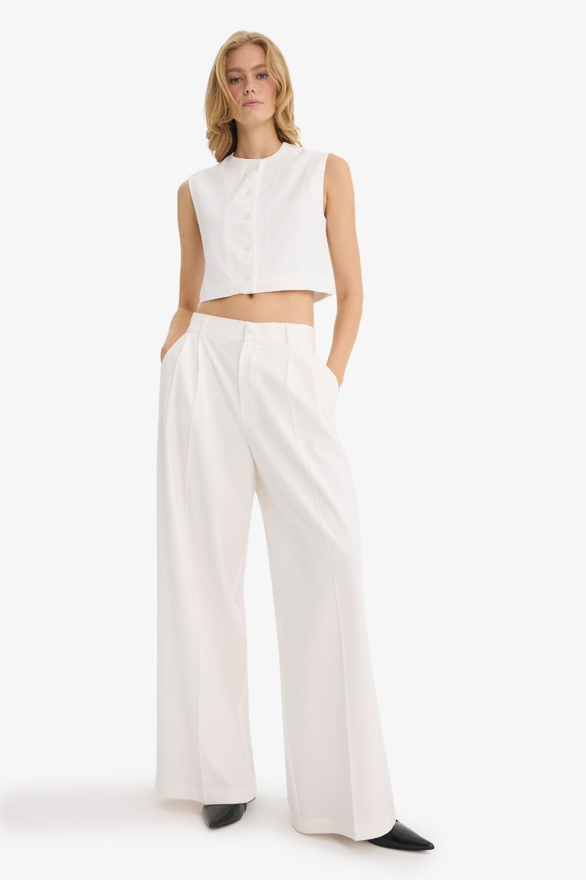 حريمي بيج فاتح بنطلون وايد ليج برجل واسع بجيب وخصر عالي