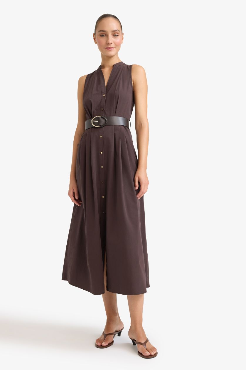 Woman Brown Regular Fit Belted Cotton Sleeveless Midi Dress