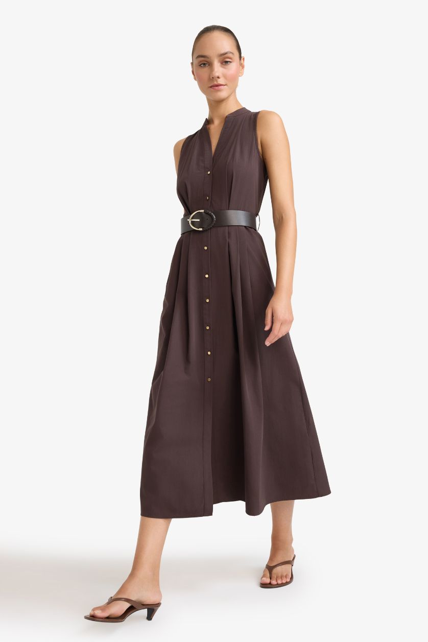Woman Brown Regular Fit Belted Cotton Sleeveless Midi Dress