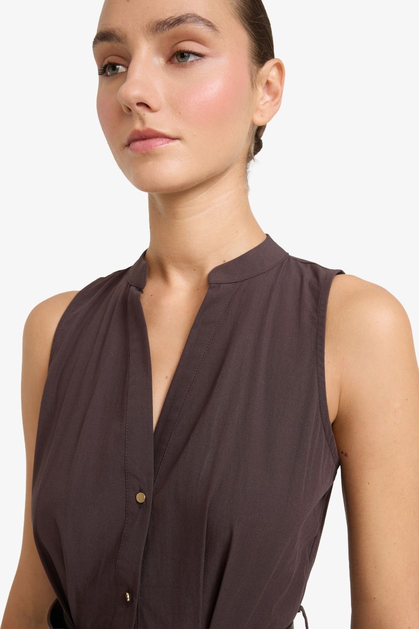 Woman Brown Regular Fit Belted Cotton Sleeveless Midi Dress